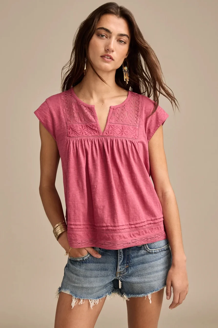 Image of Lucky Brand Lace Shell Sleeve Tee - Women's Clothing Tops Shirts Tee Graphic T Shirts in Tofu