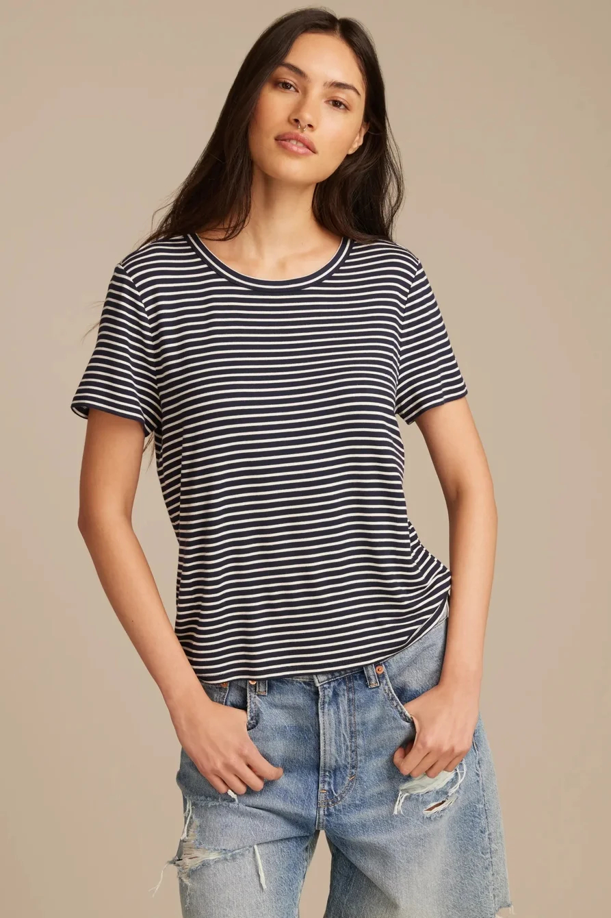 Image of Lucky Brand Relaxed Crew Neck Tee - Women's Clothing Tops Shirts Tee Graphic T Shirts in Cream/Brown Combo