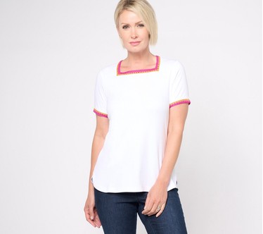 Isaac Mizrahi Live! Knit Short Sleeve Top with Contrast Trim
