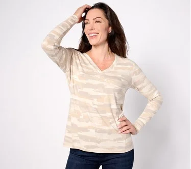 Isaac Mizrahi Live! Soho Printed Long Sleeve V-neck Top