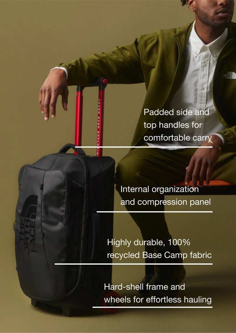 Padded side and top handles for comfortable carry. Internal organization and compression panel. Highly durable, 100% recycled Base Camp fabric. Hard-shell frame and wheels for effortless hauling.