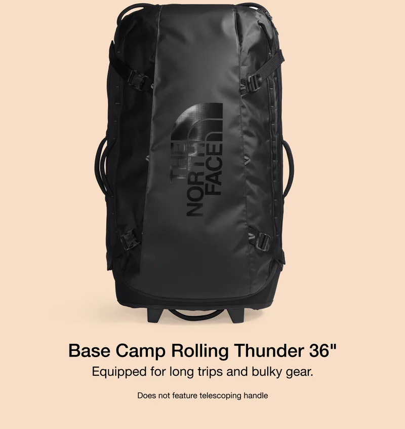 Base Camp Rolling Thunder 36 Inch. Equipped for long trips and bulky gear. Does not feature telescoping handle.