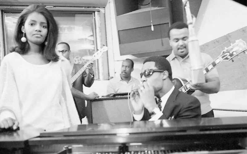 Motown songwriter Sylvia Moy, left, with Stevie Wonder and musicians James Jamerson, Earl Van Dyke and Robert White at Studio A in Detroit in 1968.