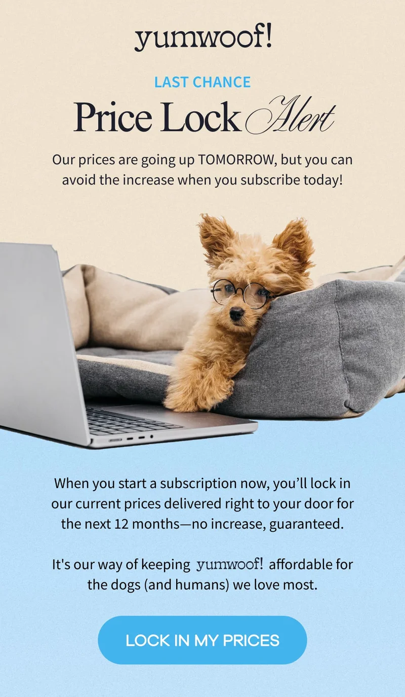 yumwoof! | LAST CHANCE Price Lock Alert | Our prices are going up TOMORROW, but you can avoid the increase when you subscribe today! | When you start a subscription now, you’ll lock in our current prices delivered right to your door for the next 12 months—no increase, guaranteed.  It's our way of keeping yumwo . of! affordable for the dogs (and humans) we love most. | LOCK IN MY PRICES