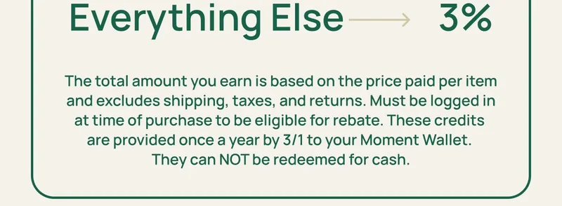 Everything Else 3% The total amount you earn is based on the price paid per item and excludes shipping, taxes, and returns. Must be logged in at time of purchase to be eligible for rebate. These credits  are provided once a year by 3/1 to your Moment Wallet.  They can NOT be redeemed for cash.