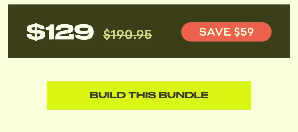 Promotional pricing banner showing $129 discounted from $199.95, save $59, with green 'Build This Bundle' button
