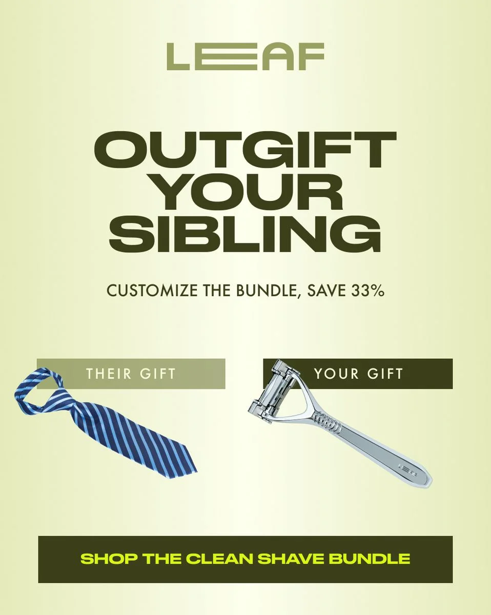 Father and child in bathroom with shaving cream on their faces during Father's Day promotional campaign for Leaf Shave bundle offer