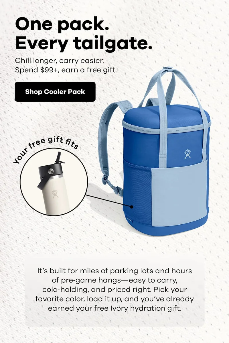 One pack. Every tailgate. Chill longer, carry easier. Spend $99+, earn a free gift. It’s built for miles of parking lots and hours of pre‑game hangs—easy to carry, cold‑holding, and priced right. Pick your favorite color, load it up, and you’ve already earned your free Ivory hydration gift. | Shop Cooler Pack