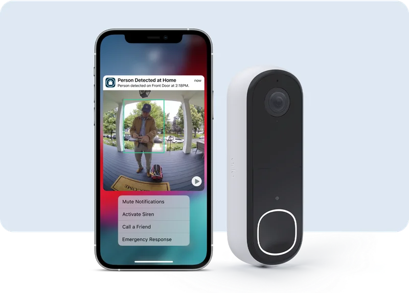 Arlo Video Doorbell next to a phone displaying a simulated screen image of an Arlo Secure notification with animated preview.