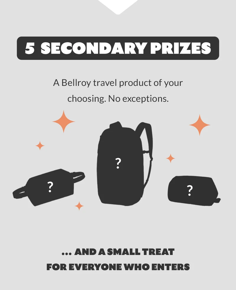 5 SECONDARY PRIZES A Bellroy travel product of your choosing. No exceptions.  … and a small treat for everyone who enters.