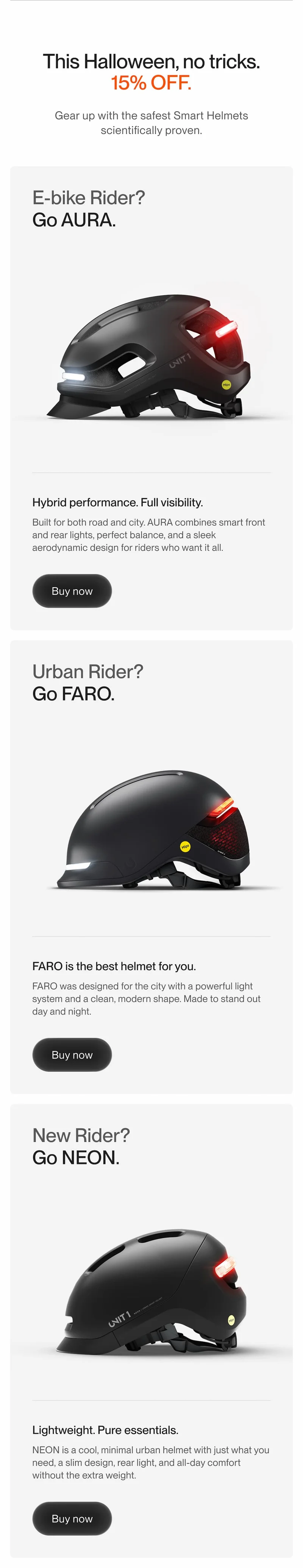 UNIT 1 Smart Helmets lineup – AURA for e-bike riders, FARO for urban riders, and NEON for new riders. Each shown in black with integrated lights.