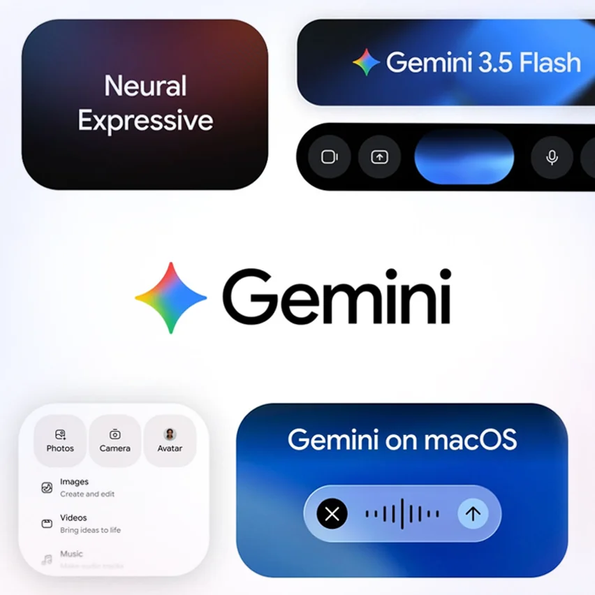 Collage of Google Gemini UI elements featuring the star logo, Gemini 3.5 Flash banner, media menu, and macOS voice interface.