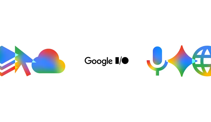 Google I/O logo surrounded by vibrant, multi-colored product icons.