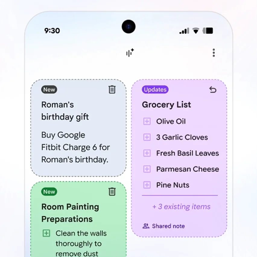 Smartphone screen showing three card-style notes: birthday gift, room painting, and grocery list.