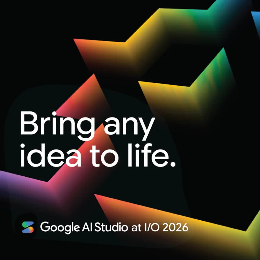 'Bring any idea to life' text with vibrant geometric shapes and Google AI Studio logo.