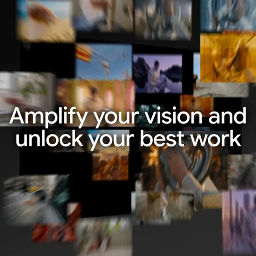 'Amplify your vision and unlock your best work' text over a motion-blurred artistic collage.