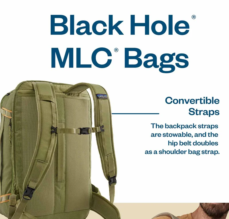 Black Hole MLC bags have convertible straps. The backpack and shoulder straps are stowable, and the shoulder strap doubles as a hip belt.