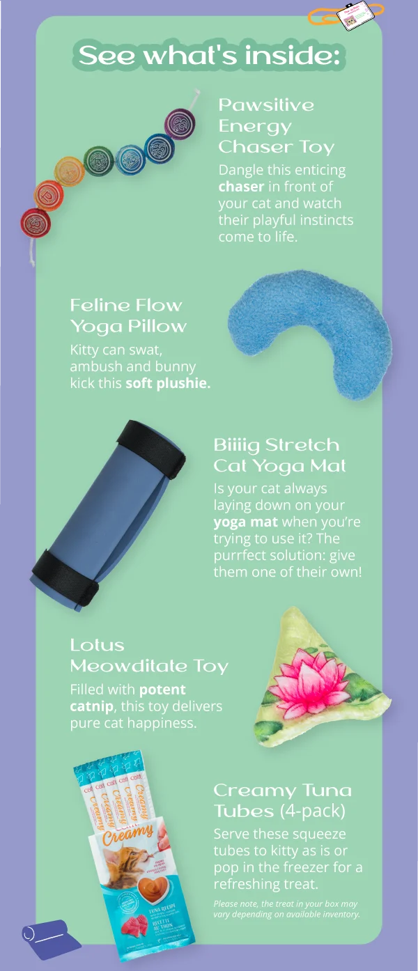 See what's inside: Kitty Catnip Pawsitive Energy Chaser Toy  Dangle this enticing chaser in front of your cat and watch their playful instincts come to life.  EverStar Feline Flow Yoga Pillow  Kitty can swat, ambush and bunny kick this soft plushie.  EverStar Biiiig Stretch Cat Yoga Mat  Is your cat always laying down on your yoga mat when you’re trying to use it? The purrfect solution: give them one of their own!  Crochet Kitty Lotus Meowditate Toy  Filled with potent catnip, this toy delivers pure cat happiness.  Catit Creamy Tuna Tubes 4-pack  *Please note, the treat in your box may vary depending on available inventory.*  Serve these squeeze tubes to kitty as is or pop in the freezer for a refreshing treat.