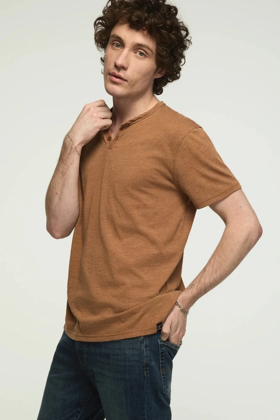 Image of Lucky Brand Venice Burnout Notch Neck Tee - Men's Clothing Tops Shirts Tee Graphic T Shirts in Blue Indigo