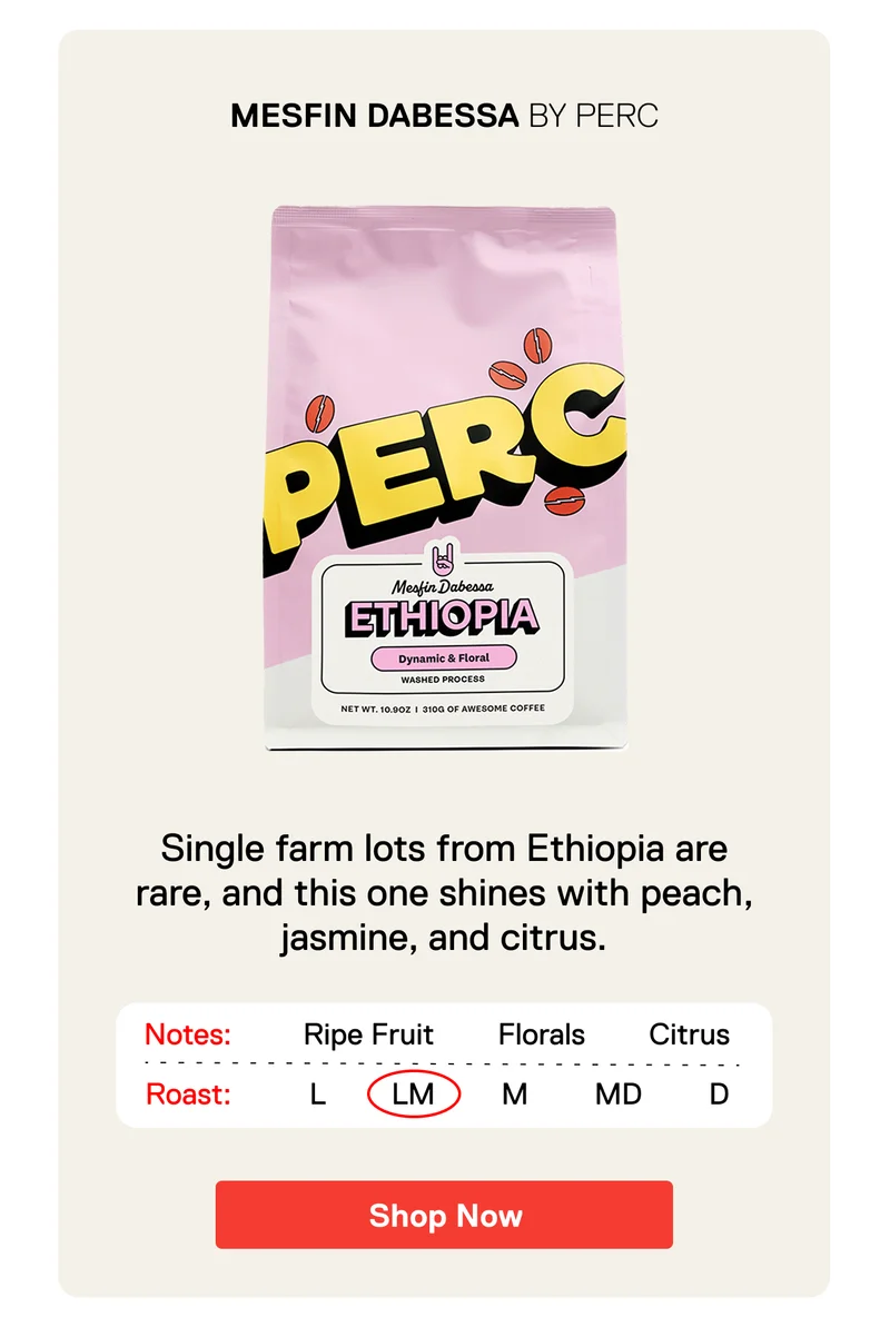 Mesfin Dabessa BY PERC. Single farm lots from Ethiopia are rare, and this one shines with peach, jasmine, and citrus. Shop Now.