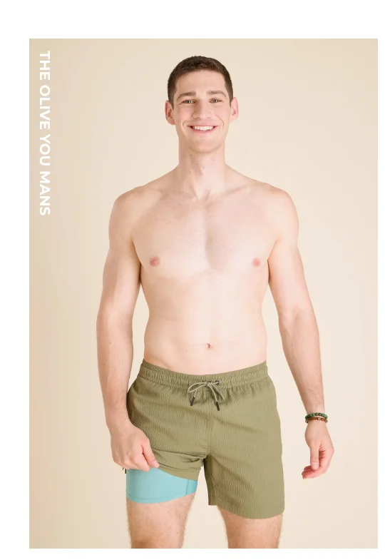 Textured Lined Classic Swim Trunk: The Olive You Mans 5.5"