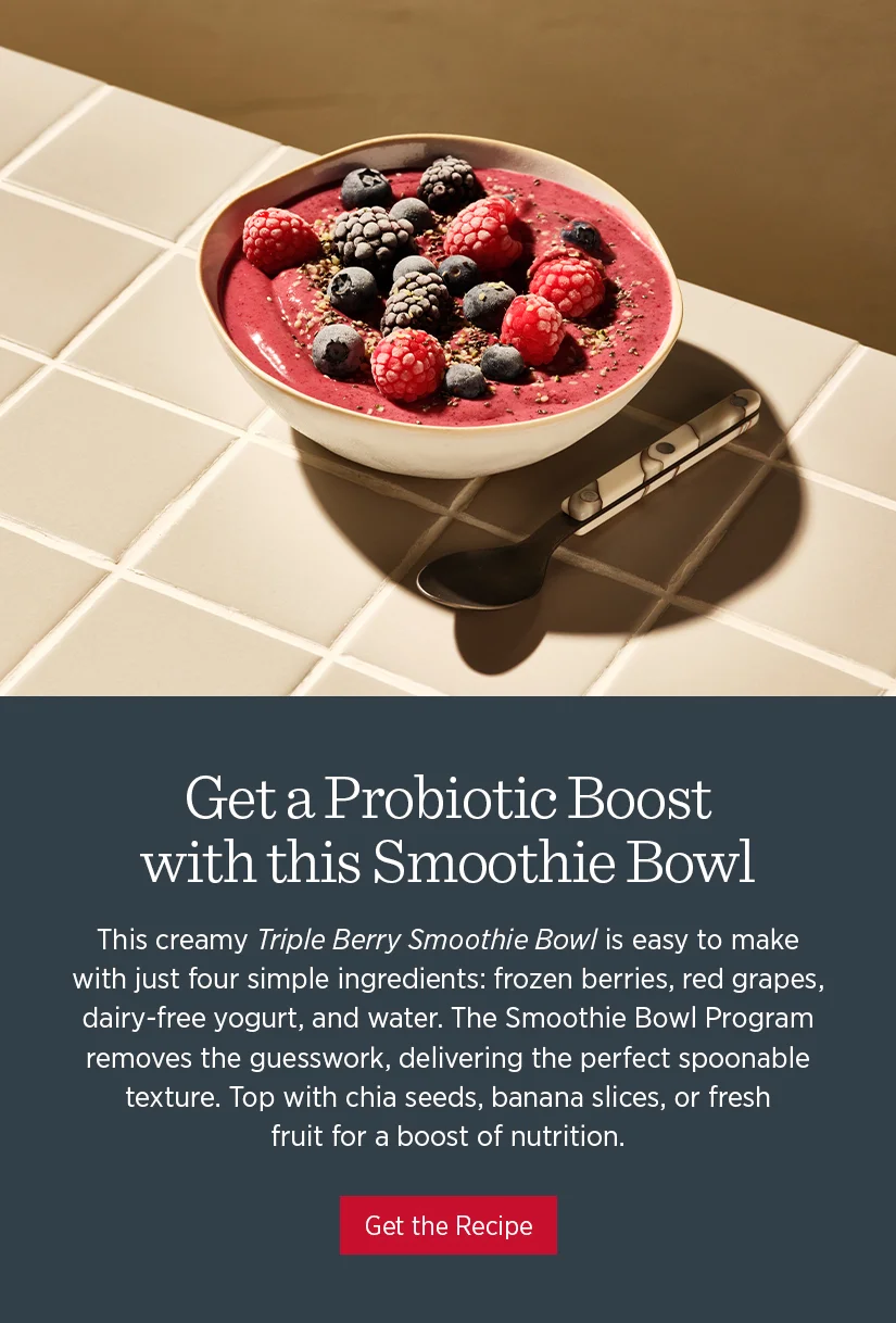 Get a probiotic boost with this smoothie bowl. This creamy Triple Berry Smoothie Bowl is easy to make with just four simple ingredients: frozen berries, red grapes, dairy-free yogurt, and water. This Smoothie Bowl Program removes the guesswork, delivering the perfect spoonable texture. Top with chia seeds, banana slices, or fresh fruit for a boost of nutrition.
