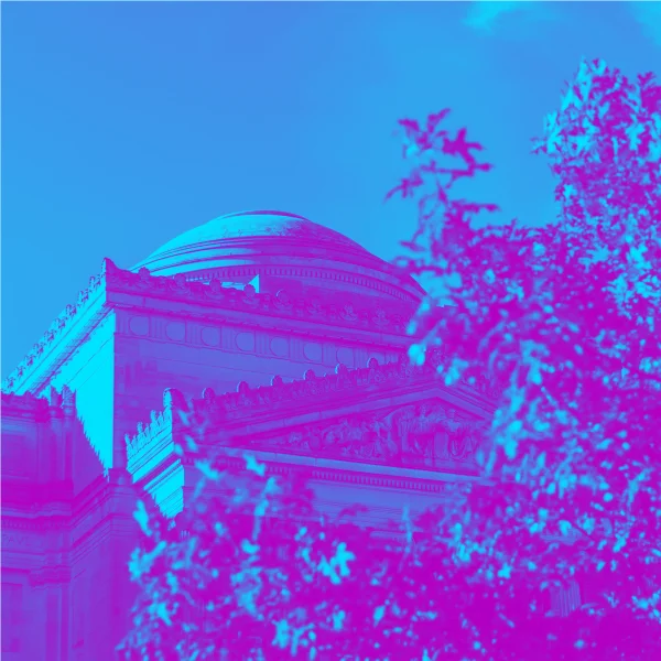 A photograph of the Brooklyn Museum with a blue and purple filter