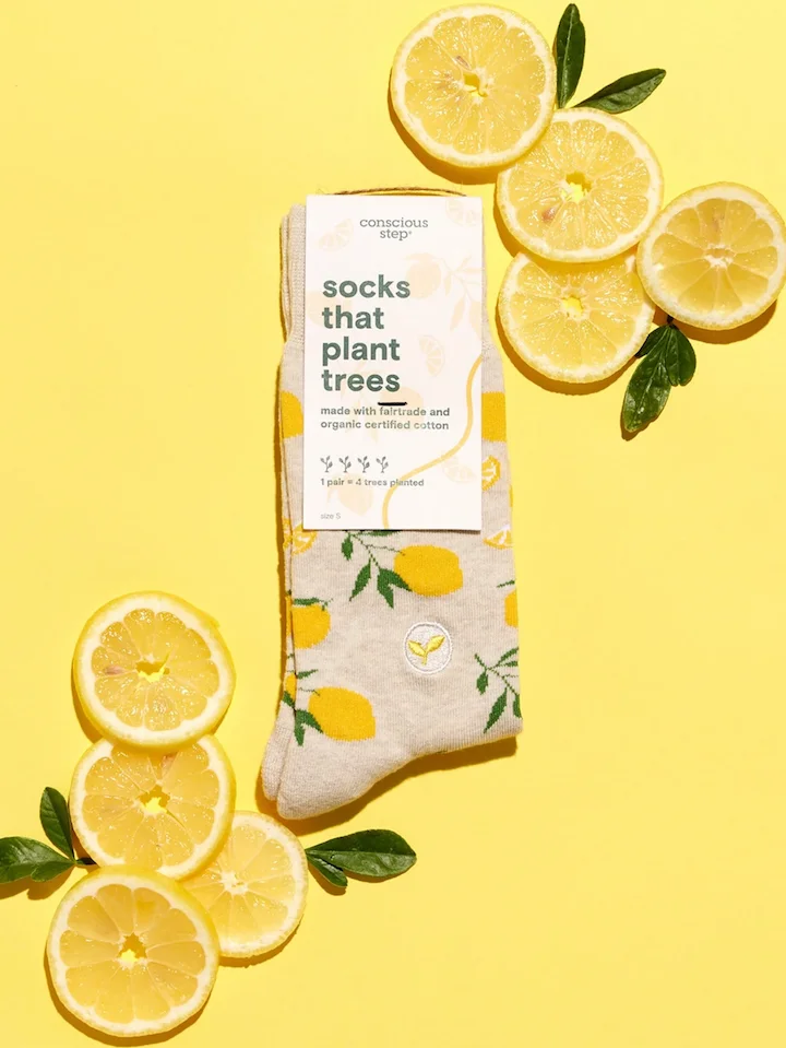 A photograph of socks with a lemon pattern