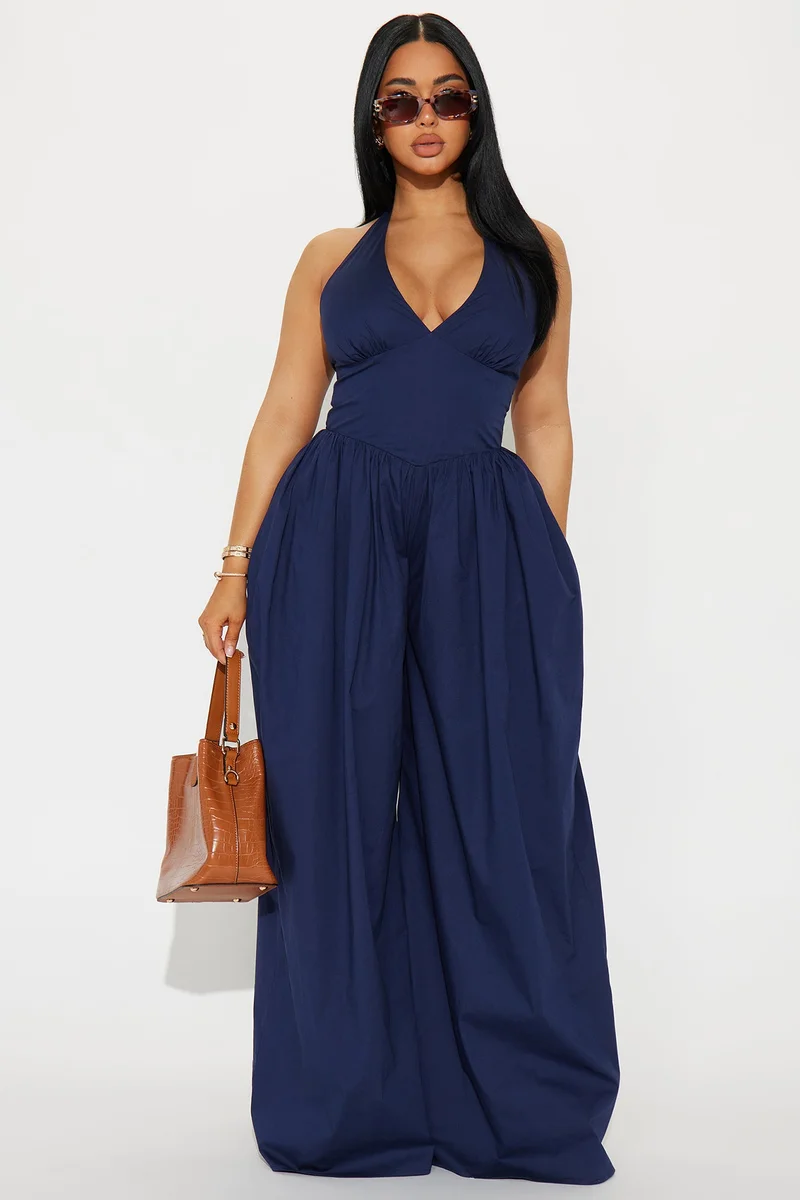 Image of Lighter Than Air Poplin Halter Jumpsuit - Navy