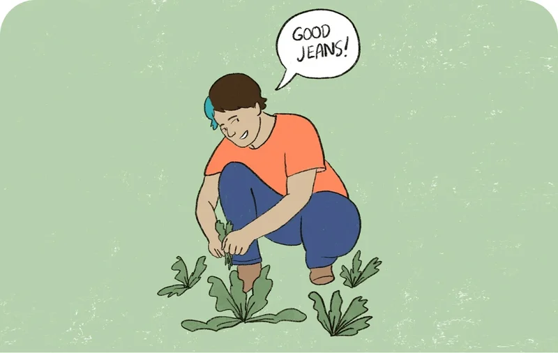 A drawing of a person with a speech bubble above their head that says, “good jeans”.