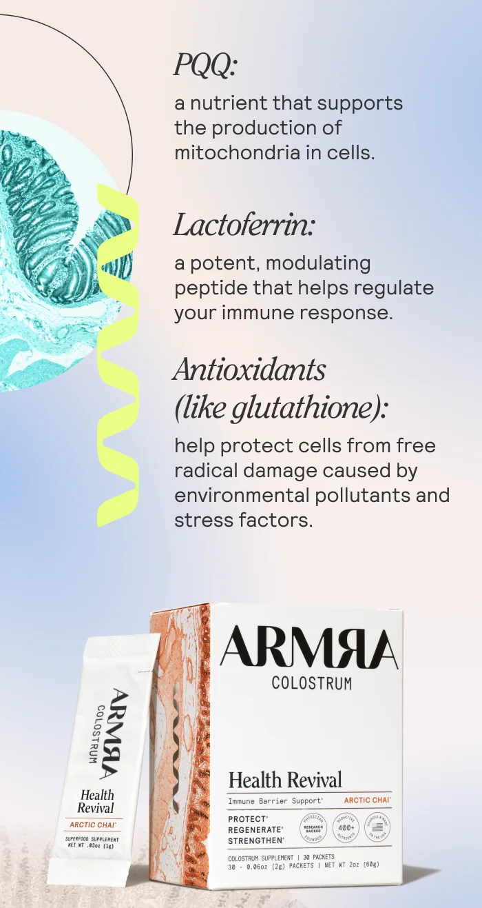 PQQ: a nutrient that supports the production of mitochondria in cells. Lactoferrin: a potent, modulating peptide that helps regulate your immune response. Antioxidants (like glutathione): help protect cells from free radical damage caused by environmental pollutants and stress factors.