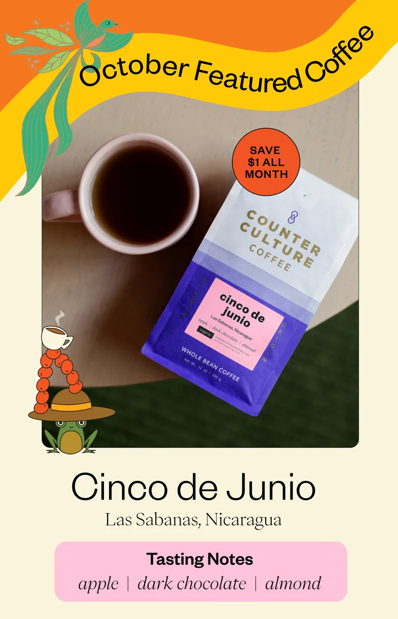 October Featured Coffee Save $1 all month Cinco de Junio Las Sabanas, Nicaragua Tasting notes apple| dark chocolate | almond