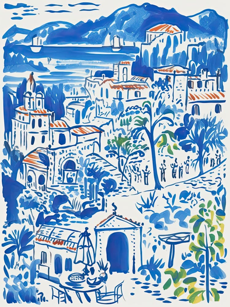 Image of Italy, Amalfi Coast Cute Illustration In Blue 2