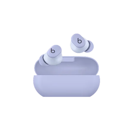 Beats Solo Buds earbuds in Arctic Purple floating above charging case