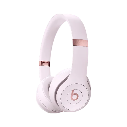 Beats Solo 4 headphones in Cloud Pink floating against a light gray background