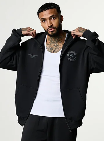 SHINTO GODS SCRIPT BLACK ZIP THROUGH HOODIE