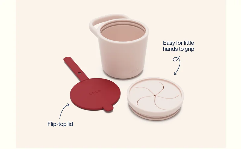 Snack Cup- Easy to grip for little hands. Flip-top lid