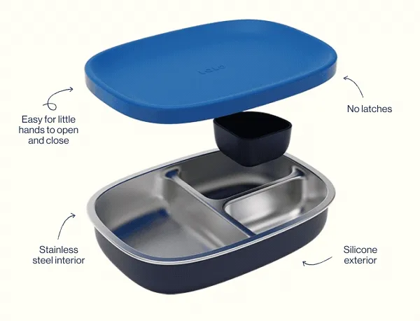 Easy for little hands to open and close, No latches, Stainless steel interior, Silicone exterior
