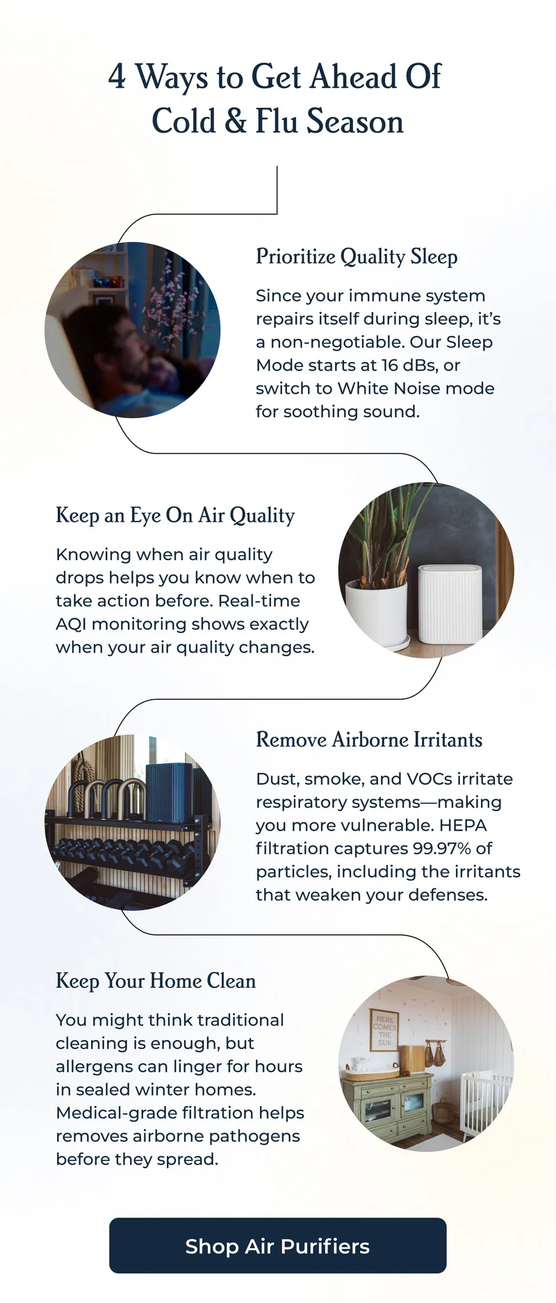 4 Ways to Get Ahead Of  Cold & Flu Season | Prioritize Quality Sleep Since your immune system repairs itself during sleep, it’s a non-negotiable. Our Sleep Mode starts at 16 dBs, or switch to White Noise mode for soothing sound.