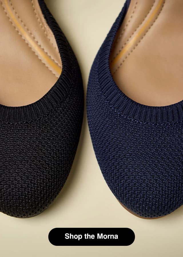 A close-up of the toe and comfortable, modern knit fabric on the Morna Pump in Black and Navy.  Shop the Morna