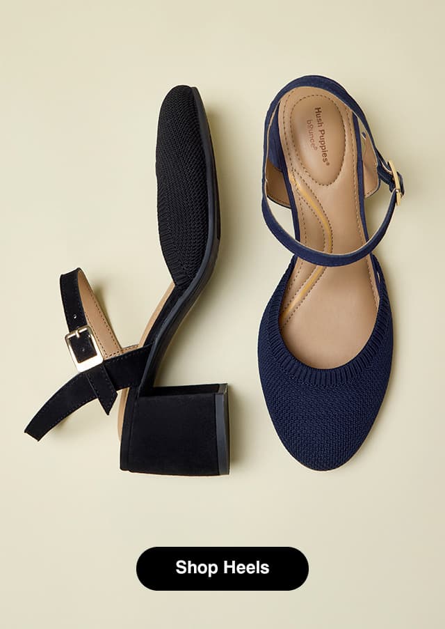 A side view of the Morna Pump in black with a suede block heel, ankle strap, and knit vamp, and an overhead view of the Morna Pump in Navy with BounceTM cushioning. Shop the Morna