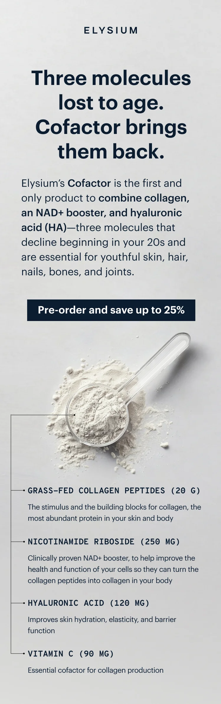 ELYSIUM | Three molecules lost to age. Cofactor brings them back. | Pre-order and save up to 25%
