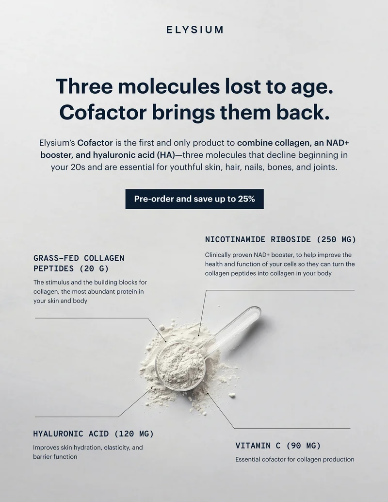 ELYSIUM | Three molecules lost to age. Cofactor brings them back. | Pre-order and save up to 25%