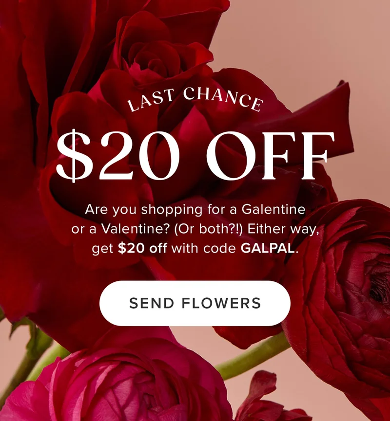 Last Chance for $20 Off! Are you shopping for a Galentine or a Valentine? (Or borth?!) Either way, get $20 off with code GALPAL. Send Flowers.