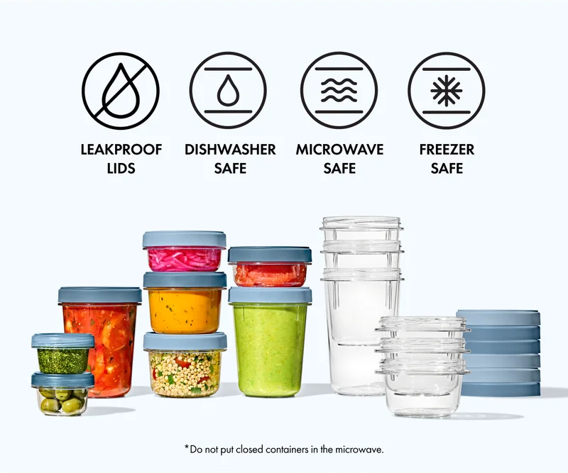 Leakproof lids. Dishwasher safe. Microwave safe. Freezer safe.