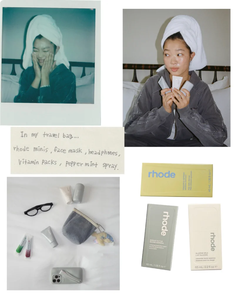 ✈️ in her travel bag: rhode minis, face mask, headphones, vitamin packs, peppermint spray