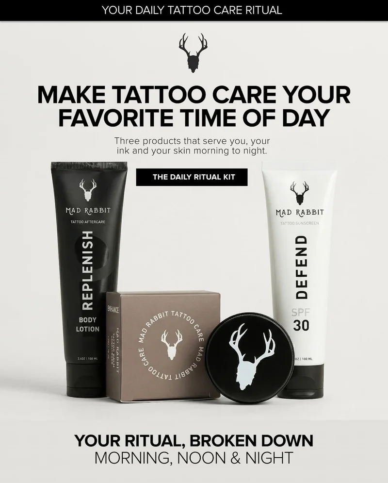Make tattoo care your favorite time of day. Three products that serve you, your ink, and your skin morning to night.