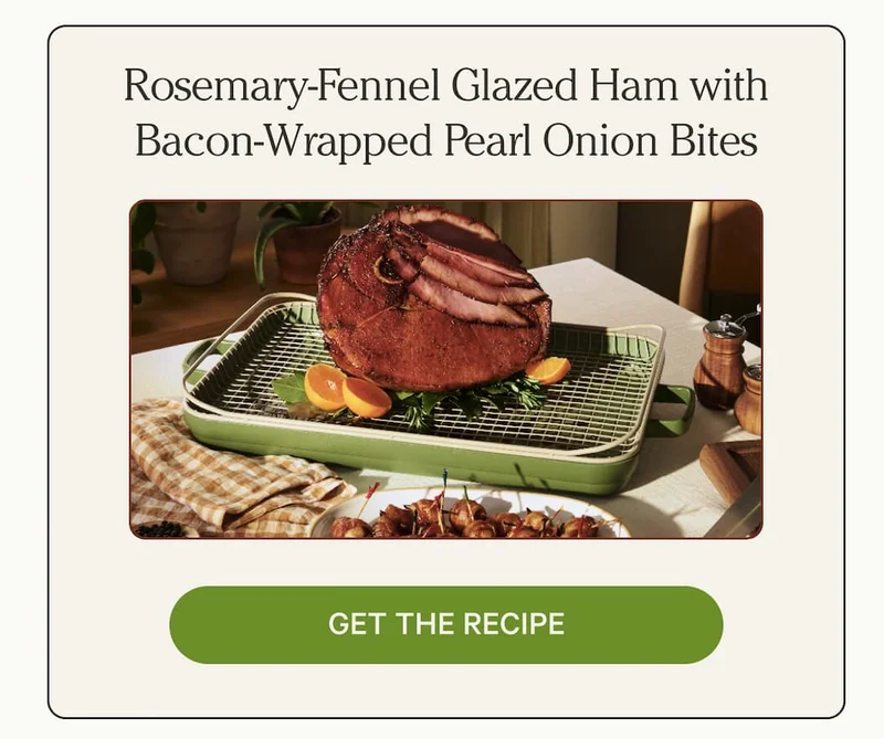 Rosemary-Fennel Glazed Ham with Bacon-Wrapped Pearl Onion Bites | Get The Recipe
