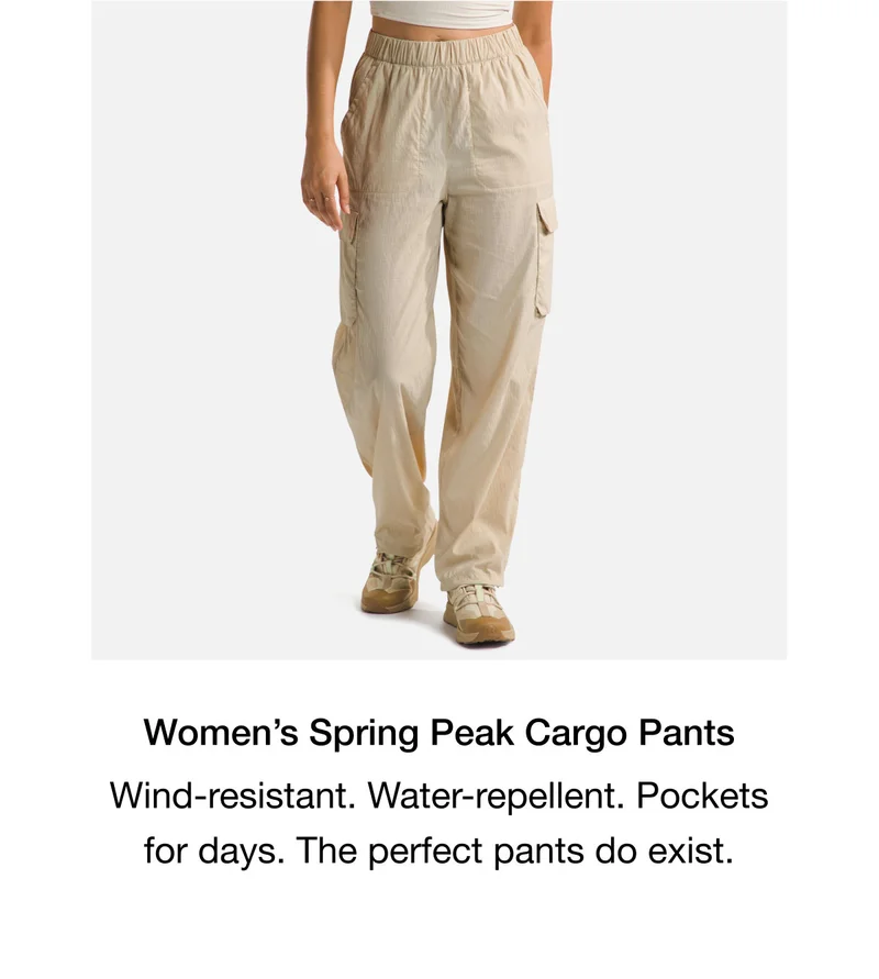 Women's Spring Peak Cargo Pants. Wind-resistant. Water-repellent. Pockets for days. The perfect pants do exist.