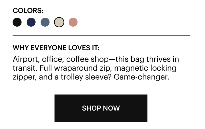 Airport, office, boardwalk—this bag thrives in transit. Full wraparound zip, magnetic locking zipper, and a trolley sleeve? Game-changer.
